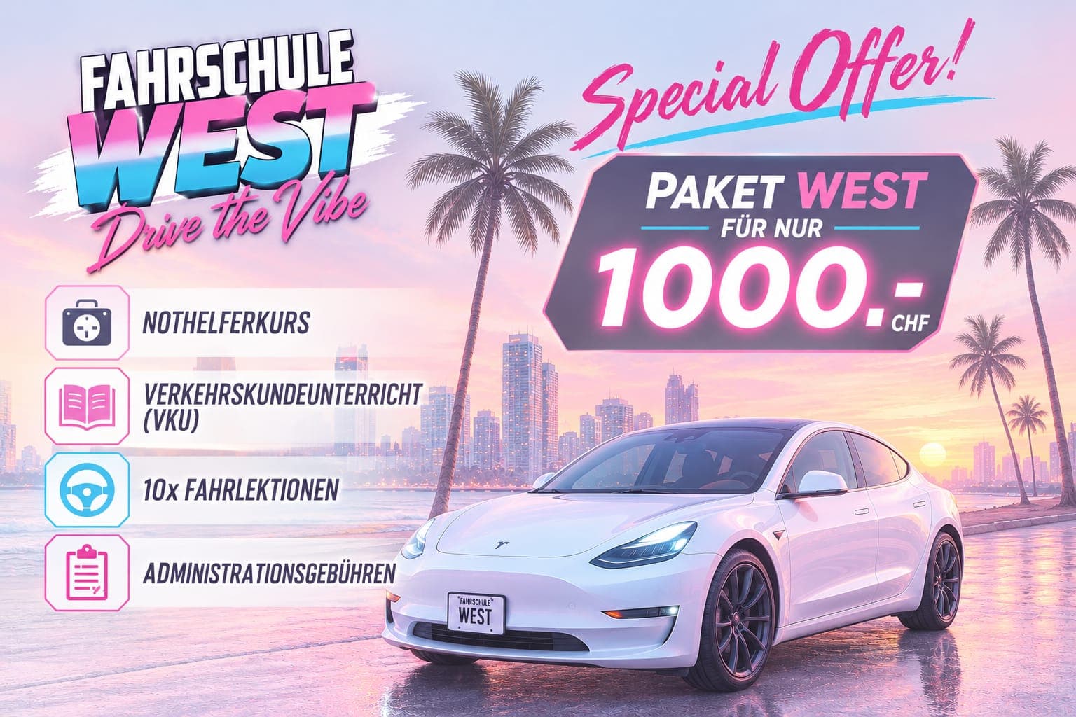 Special Offer: Paket West für nur 1000 CHF – Nothelferkurs, Verkehrskundeunterricht (VKU), 10x Fahrlektionen und Administrationsgebühren. Jetzt per WhatsApp buchen.