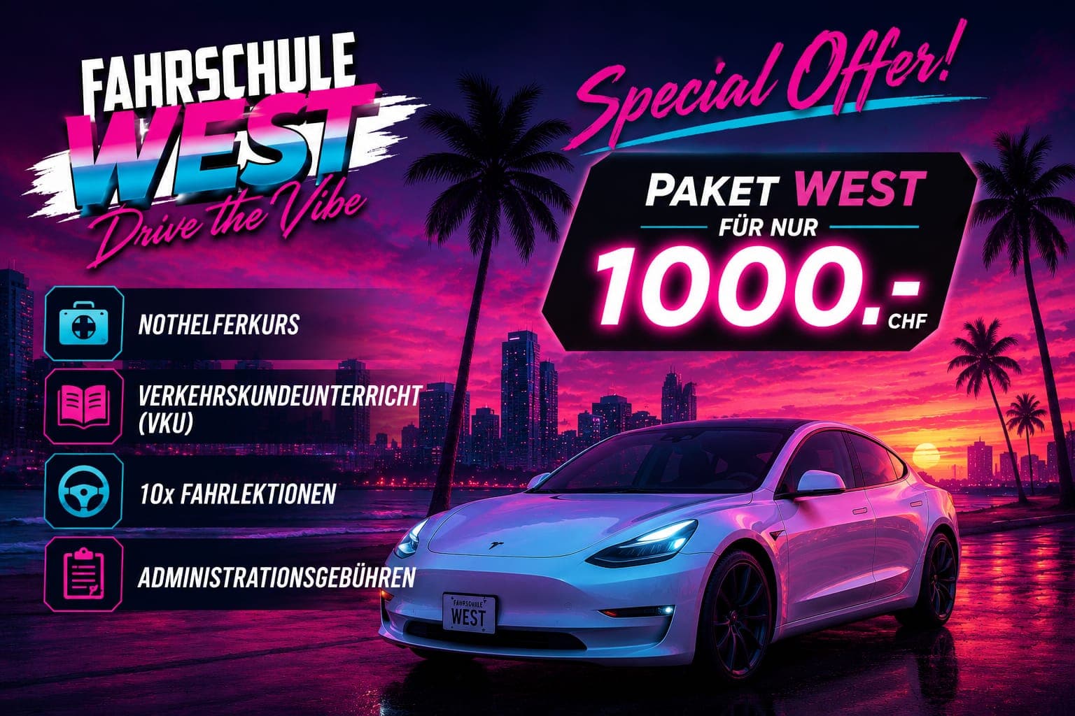 Special Offer: Paket West für nur 1000 CHF – Nothelferkurs, Verkehrskundeunterricht (VKU), 10x Fahrlektionen und Administrationsgebühren. Jetzt per WhatsApp buchen.